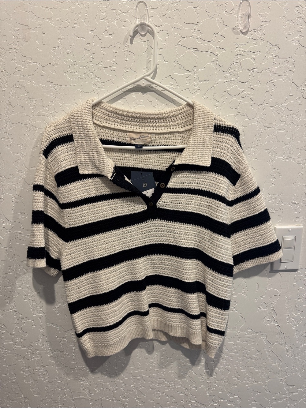 Universal Thread Striped Knit Polo Top - Black & Cream